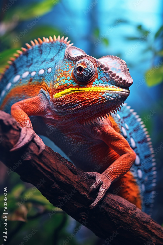Poster A close-up image of a colorful chameleon perched on a branch, showcasing its remarkable ability to blend into its surroundings.  Generative AI technology.