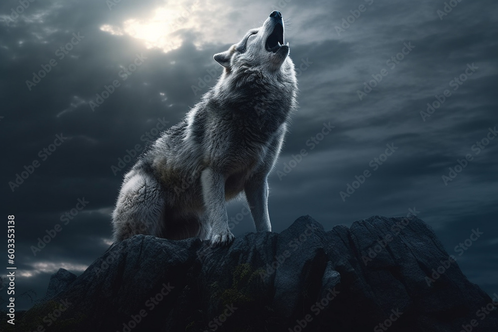 Poster a solitary wolf howling against a backdrop of a full moon, evoking a sense of mystery and connection