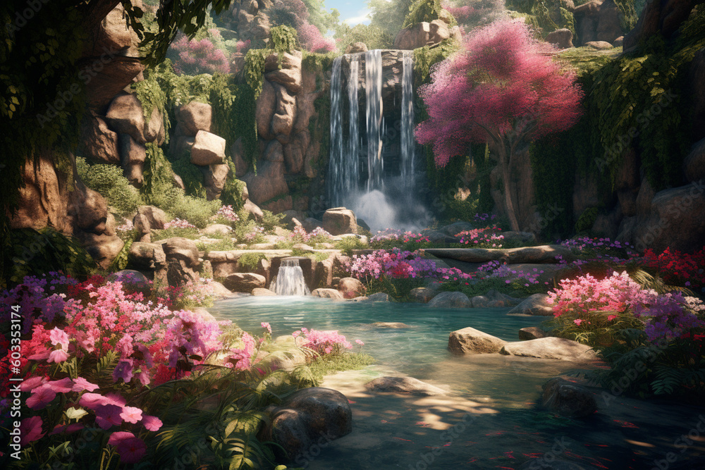 Poster a cascading waterfall surrounded by lush greenery and blooming flowers, creating a tranquil and serene atmosphere.  Generative AI technology.