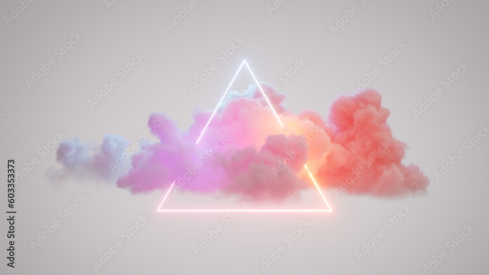 Wall mural 3d rendering, abstract pastel background of colorful cloud and neon linear triangle, minimalist fant