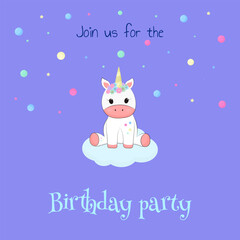 Card invitation for birthday party with cute unicorn on cloud with stars and balls