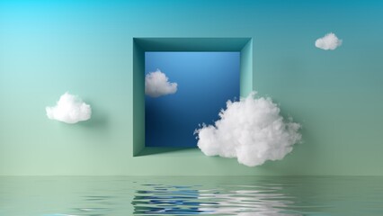 3d render, abstract fantasy surreal background with square window in the blue wall and white clouds...