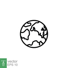 World planet icon. Simple outline style. Globe, earth, map, pictogram, web, geography concept. Thin line symbol. Vector illustration isolated on white background. EPS 10.