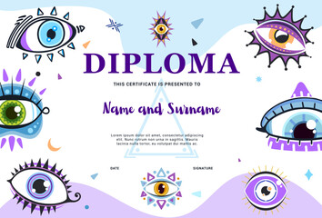 Clairvoyant or oracle diploma with magical witchcraft eyes. Education achievement certificate, courses graduation or appreciation vector diploma with esoteric, witchcraft magic and spiritual eyes - obrazy, fototapety, plakaty