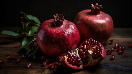 Fresh ripe pomegranate on a wooden background. Generative AI