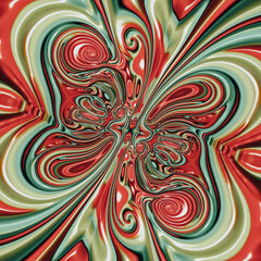 Series of abstract kaleidoscope patterns, set of 9. Liquid lines in red and green.
