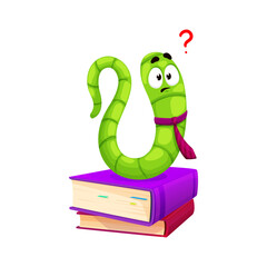 Cartoon bookworm character, book worm animal. Isolated vector confused caterpillar personage sits atop a towering pile of books, wearing a perplexed expression while trying to choose next book to read