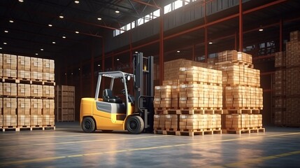 Huge distribution warehouse with high shelves and loaders.Generative AI