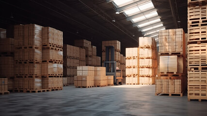 Retail warehouse full of shelves with goods in cartons, Logistics distribution center for products.Generative AI
