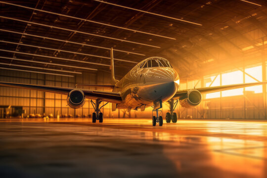 Low angle view of a jet parked in a hangar at sunset. Generative Ai