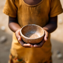 Fototapeta na wymiar Ceramic bowl in the hands of a child, selective focus, poverty
