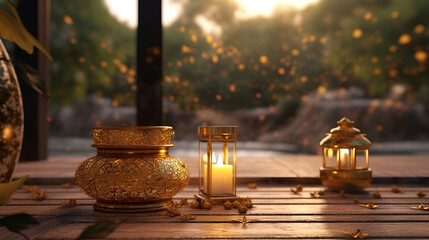 Lanterns on the terrace at sunset.