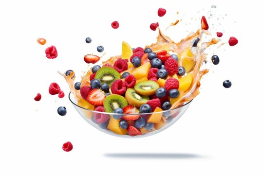 Image of a fruit salad suspended in mid-air, captured at the exact moment fruits are tossed into the bowl, creating a dynamic and visually captivating scene on white background. Generative AI