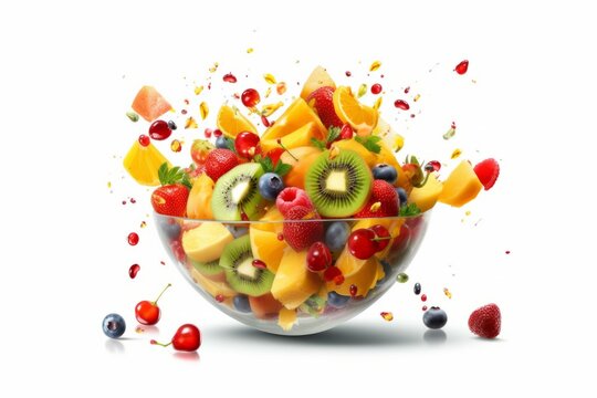 Image of a fruit salad suspended in mid-air, captured at the exact moment fruits are tossed into the bowl, creating a dynamic and visually captivating scene on white background. Generative AI