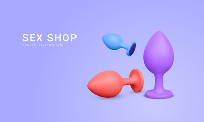 3d realistic butt plug isolated on blue background. Banner for sex shop. Vector illustration