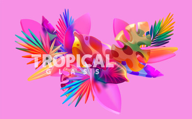 Fototapeta na wymiar Colorful 3D tropical leaves. Realistic vector plant and summer foliage. Abstract bright poster design.