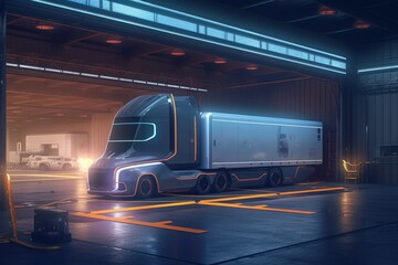 A self-driving truck showcased in a futuristic loading dock, with robotic arms and advanced logistics systems. Concept the automation and precision offered by self-driving trucks. Generative AI