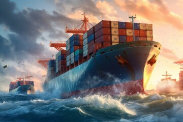 Front view of a dynamic image of cargo ship that run in the middle of the ocean are transported container to the port. Generative AI