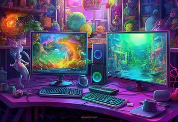 Fototapeta na wymiar Computer gaming computer on a game table in a dark room, AI..