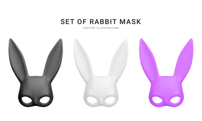 Set of 3d realistic rabbit mask isolated on white background. Bdsm outfit for the relaxes, sex, and wellness. Template for sex shop or erotic website. Vector illustration