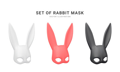 Set of 3d realistic rabbit mask isolated on white background. Bdsm outfit for the relaxes, sex, and wellness. Template for sex shop or erotic website. Vector illustration