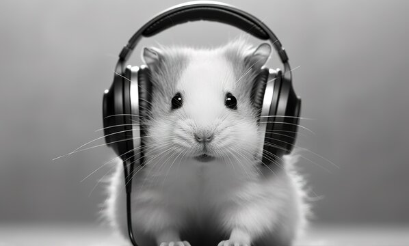 Cute hamster in headphones, funny white rodent