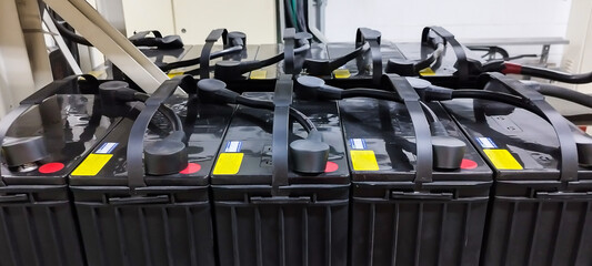 Multiple batteries connected for power backup in the factory on the UPS system