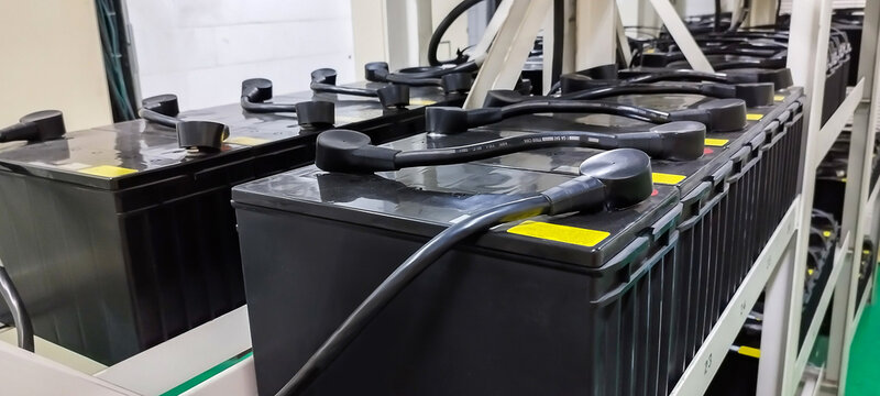 Multiple batteries connected for power backup in the factory on the UPS system