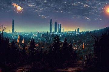 Edge of the forest overlooking the city in the valley, at night