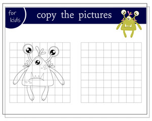 Copy the picture, educational game for kids, cartoon green monster, alien.