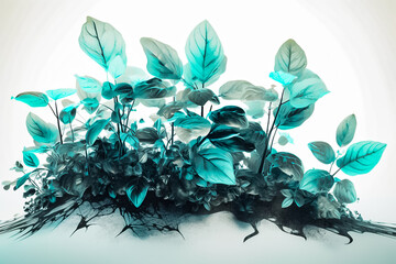 double exposure art of a glowing plant features highly detailed foliage and a beautiful organic style in black and cyan. Against a clear white background, generative AI.