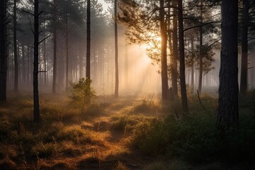 Breathtaking Sunrise Light in Fir-wood Pine Forest: Nature's Majestic Adventure Awaits. Generative AI