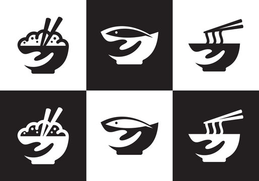 bowl with hand logo design, simple creative restaurant food symbol vector illustration.