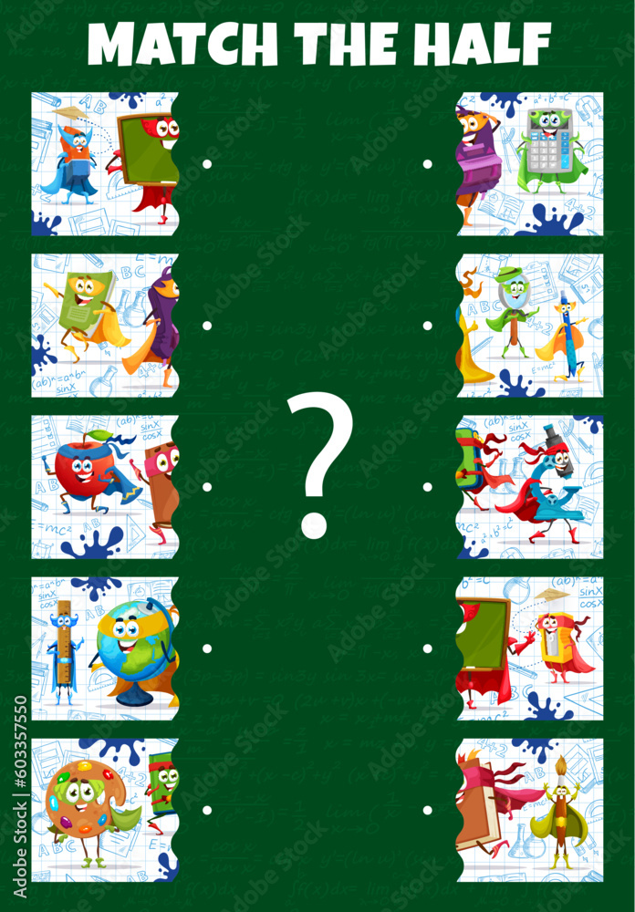 Wall mural match the half of cartoon stationery superhero characters. piece connect playing activity worksheet,