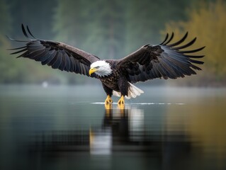 The Majestic Flight of the Bald Eagle over Lake