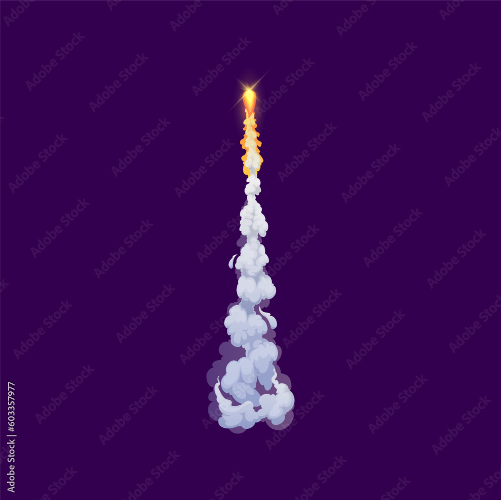 Poster cartoon rocket smoke trail, jet fire flame and steam clouds. vector contrail or speed motion effect 