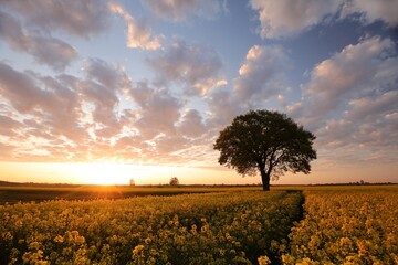 Oak tree in blooming rapeseed field at sunrise, Poland - 603357922