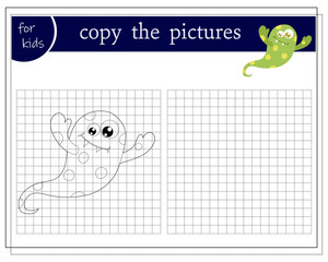Copy the picture, educational game for kids, cartoon monster, alien. Vector illustration