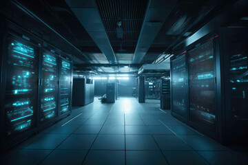 Obraz na płótnie Canvas Network server room with computers for digital tv communications and internet. Generative AI