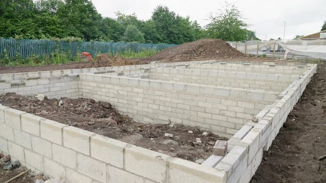 UK - a view of a buildings foundation made from concrete blocks