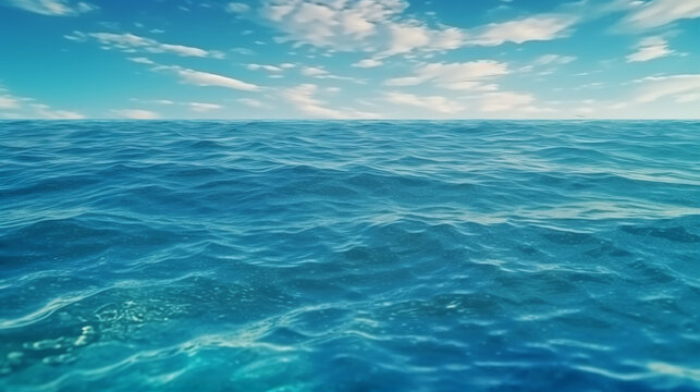 A tropical teal blue ocean horizon seascape illustration. A.I. generated.