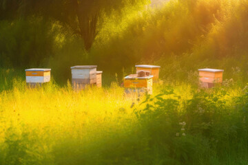 Summer outdoor bee apiary. Beautiful field of honey hives. Generative AI
