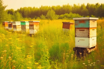 Beautiful Summer Landscape with Green Meadow and Wooden Beehives. Generative AI