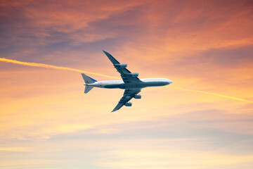 Airplane in the Sunset sky with condensation trail. Dramatic blue and orange bright evening sky during sunset, from below, high flying passenger plane. passenger plane flying 