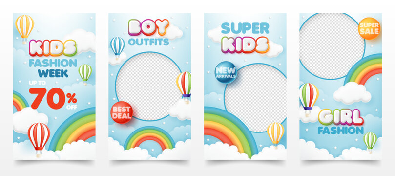 Kid fashion sale template. kids banner poster sale offer promotion discount with rainbow and balloon for sales promotion, baby clothes shop, online shopping, flyer, web, poster and social media post