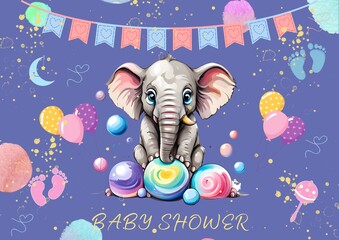 Baby shower invitation card with cute elephant and balloons on purple background illustration. Generative AI - obrazy, fototapety, plakaty