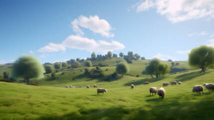 A tranquil countryside scene with rolling green hills dotted with sheep grazing peacefully in lush meadows, surrounded by blooming trees and a clear blue sky