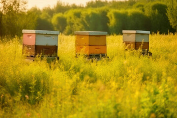 Fototapeta na wymiar beehives at the green meadow. Atmosphere of summer. Generative AI