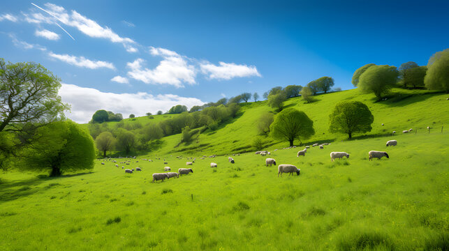 A tranquil countryside scene with rolling green hills dotted with sheep grazing peacefully in lush meadows, surrounded by blooming trees and a clear blue sky