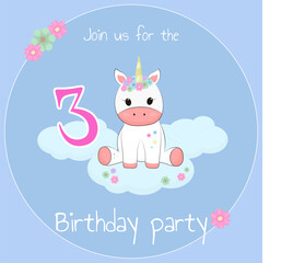 Obraz na płótnie Canvas Card birthday invitation for party with cute unicorn rainbow, stars, flower, cloud with blue background for 3 year babe